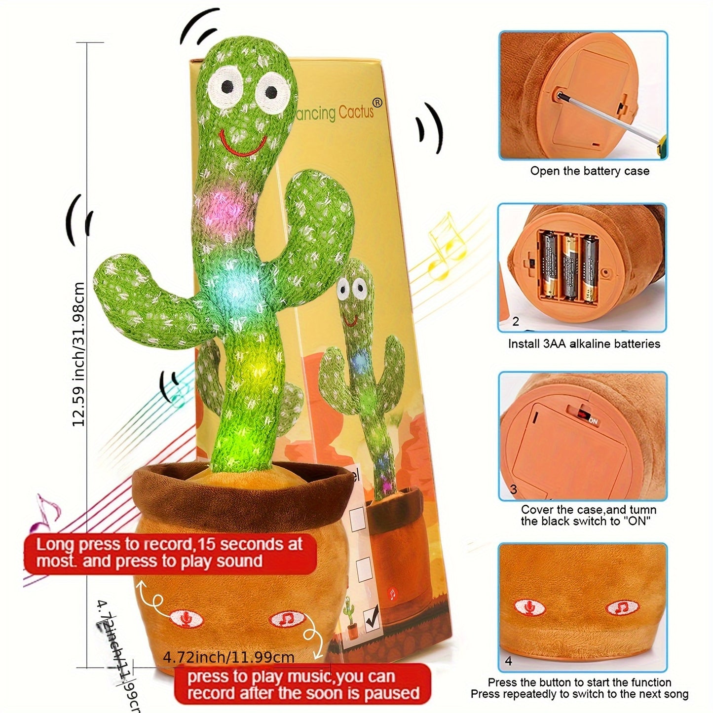 Interactive Dancing Cactus Toy with Singing, Talking & Mimicking Speech - Educational Baby Learning, No Batteries Needed, Soft Plush Cactus for Toddlers & Kids, Birthday or Christmas Gift for Boys and Girls, Toddler Entertainment