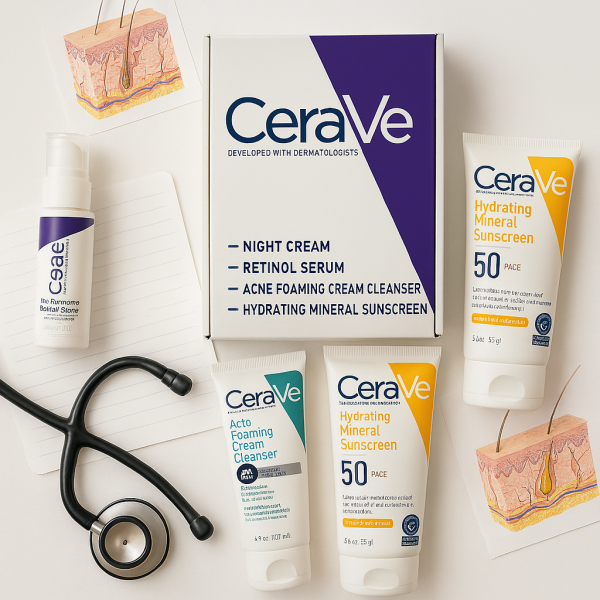 4 in 1 Cerave Skincare Set – Night Cream, Retinol Serum, Acne Foaming Cream Cleanser, And Hydrating Mineral Sunscreen Spf 50| Dermatologist Developed