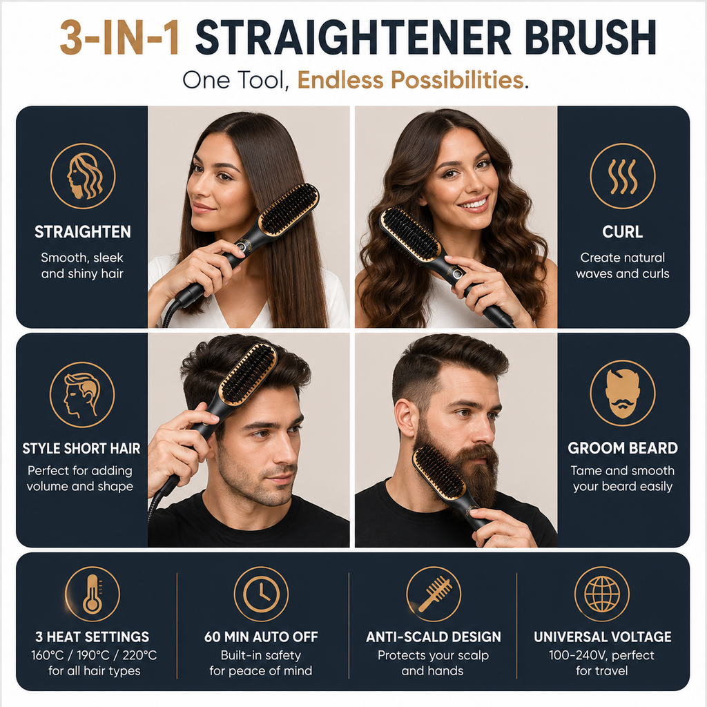 Electric Heated Beard Straightener Comb — Ionic Hot Brush for Men