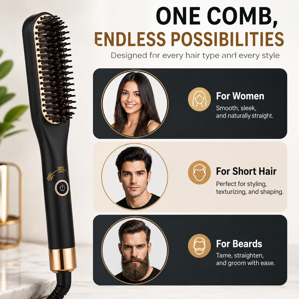 Electric Heated Beard Straightener Comb — Ionic Hot Brush for Men