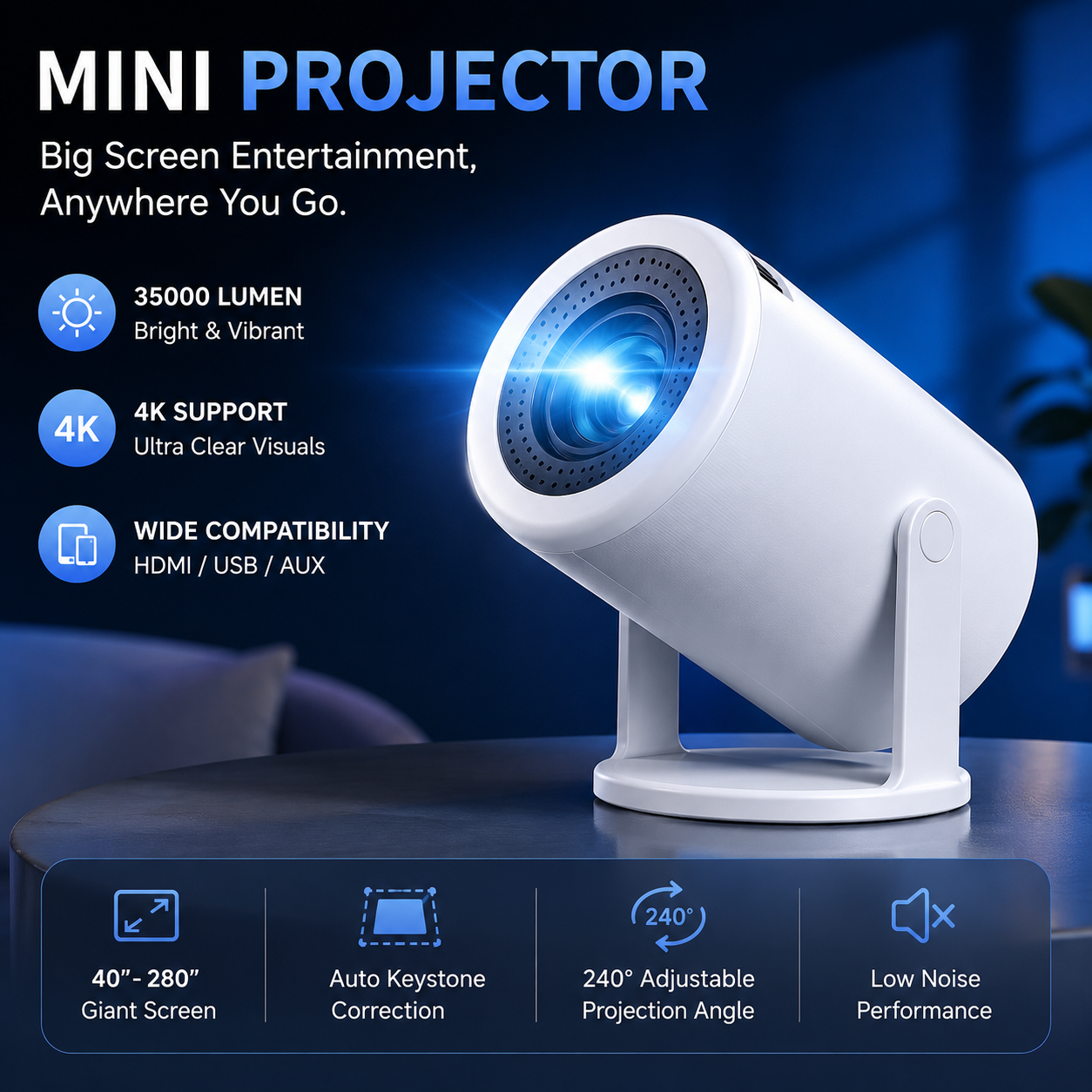 4K Smart Projector — Netflix & Android TV Built-In, WiFi 6 & Bluetooth 5.4