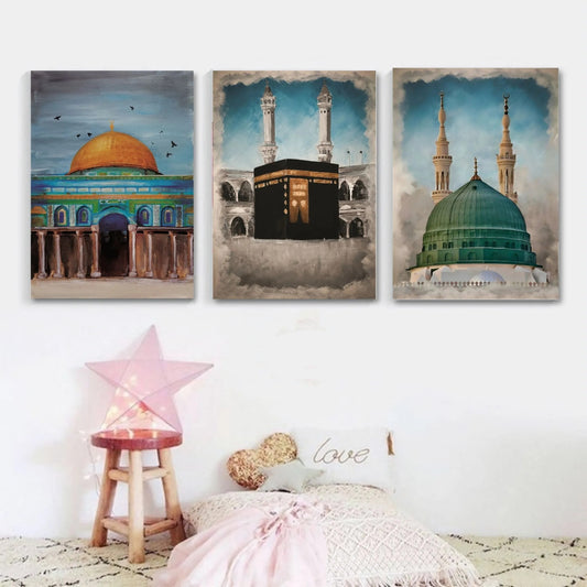 Islamic Scenary Home Decoration Item 3 Pcs Wall Decor Photo On Wall Canvas Art Decor For Home Easy Set Up